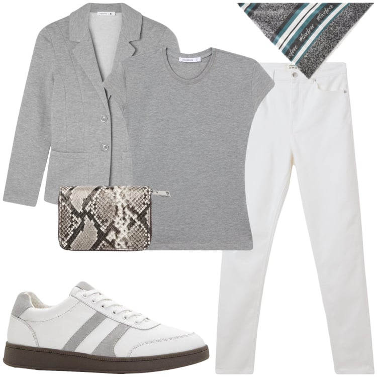 Outfit donna - Sportive con stile. Stile Basic per Tutti i giorni. Abbinamento con sneakers, blazer, pantaloni skinny, t-shirt, portafogli, foulard.