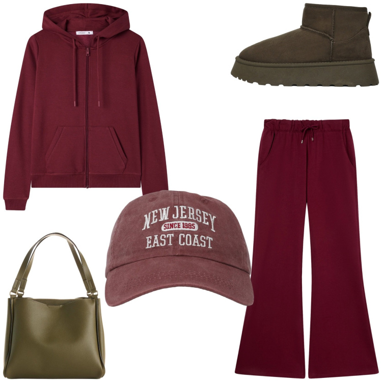 Outfit donna - In palestra. Stile Sporty chic per Sport. Abbinamento con borse a mano, cappelli con visiera, felpe con cappuccio, stivali, pantaloni.