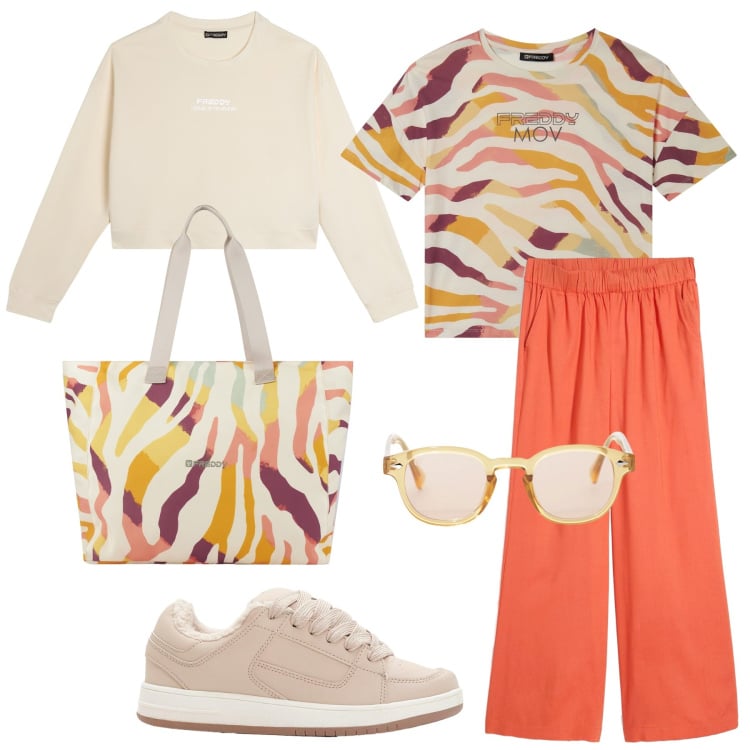 Outfit donna - Zebrata e colorata. Stile Casual per Tutti i giorni. Abbinamento con sneakers, pantaloni a palazzo, shopping bag, t-shirt, felpe, occhiali da sole.