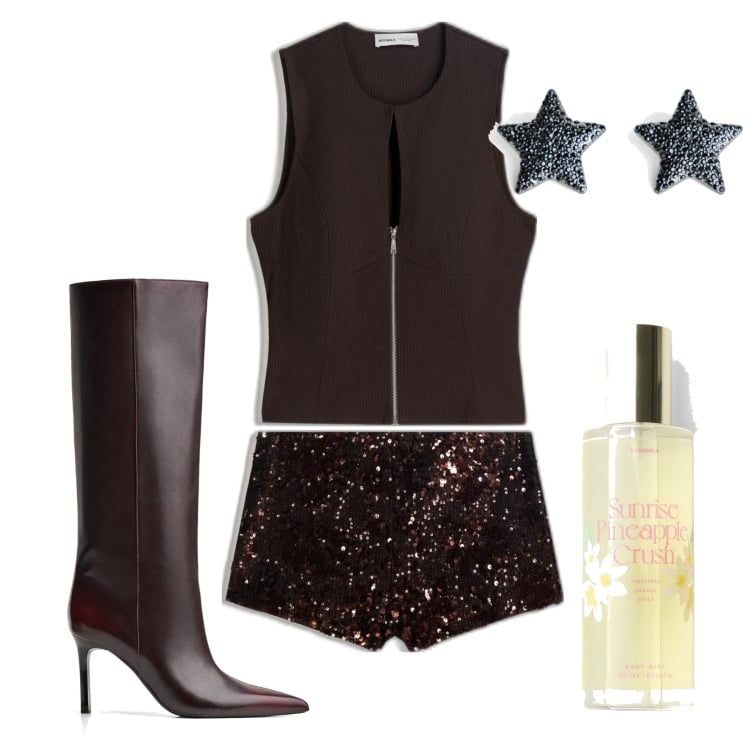 Outfit mujer - Sexy #1014. Estilo Sexy para Noche/Fiesta elegante. Combinación con top, botas, pendientes, shorts, body.
