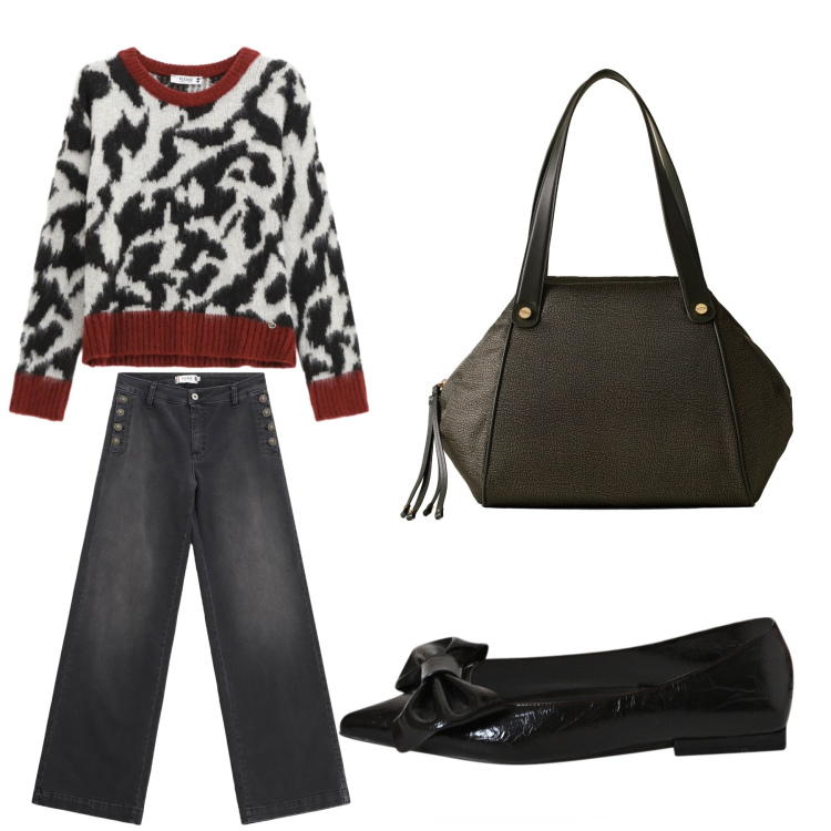 Outfit donna - Aperitivo. Stile Trendy per Tutti i giorni. Abbinamento con ballerine, pullovers, jeans, shopping bag.