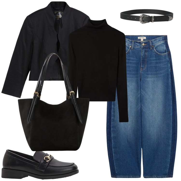 Outfit donna - Disinvolte in ufficio. Stile Trendy per Ufficio. Abbinamento con jeans, blazer, mocassini, shopping bag, cinture, maglieria.