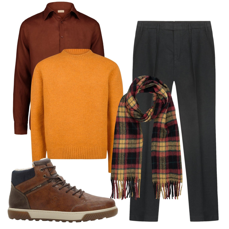 Outfit uomo - Foglie cadute. Stile Casual per Tutti i giorni. Abbinamento con sneakers alte, sciarpe, camicie, maglieria, pantaloni.