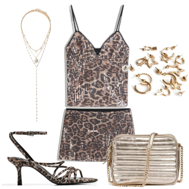 Outfit mujer - Sexy #1012. Estilo Sexy para Noche/Fiesta elegante. Combinación con bolsos de hombro, faldas, sandalias de tacón, colgantes, pendientes, top.