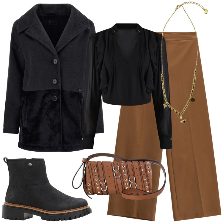 Outfit donna - Marrone e nero. Stile Trendy per Ufficio. Abbinamento con stivaletti, borse a spalla, bluse, pantaloni a palazzo, cappotti, ciondoli.