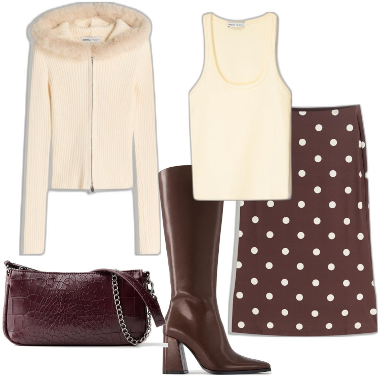 Outfit mujer - Vintage retrò #976. Estilo Vintage retrò para Oficina. Combinación con bolsos de mano, botas, camisetas sin mangas, falda longuette, cárdigans.