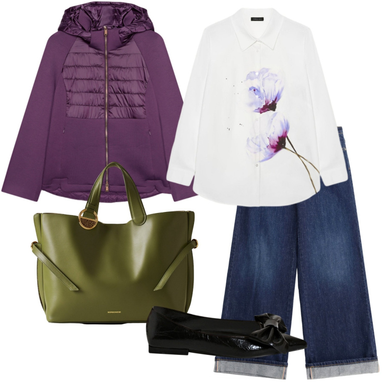 Outfit donna - Curvy flowers. Stile Casual per Ufficio. Abbinamento con ballerine, jeans, shopping bag, piumini, camicie.