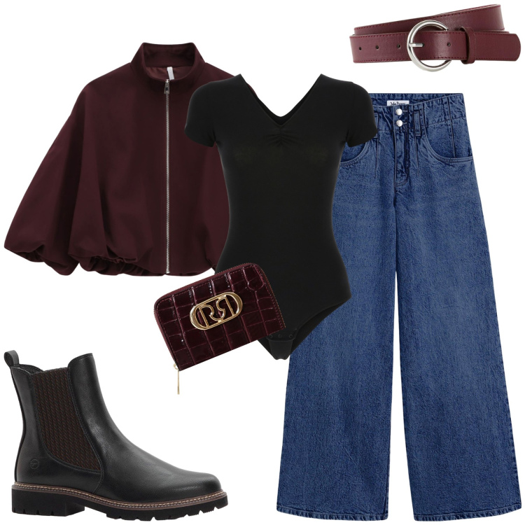 Outfit donna - Un bomber per l\'autunno. Stile Trendy per Tutti i giorni. Abbinamento con jeans, cinture, stivaletti chelsea, portafogli, bomber, body.