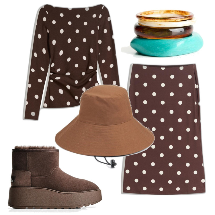 Outfit mujer - Vintage retrò #975. Estilo Vintage retrò para Oficina. Combinación con botines, falda longuette, camiseta, pulseras, gorros.