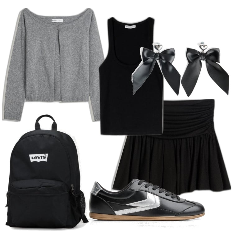 Outfit mujer - Preppy #742. Estilo Preppy para Escuela/Universidad. Combinación con mochilas, blazers, camisetas sin mangas, faldas, sneakers, pendientes.