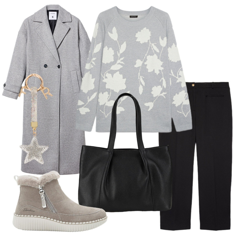 Outfit donna - Al caldo. Stile Casual per Ufficio. Abbinamento con stivaletti, shopping bag, cappotti, maglieria, pantaloni, portachiavi.