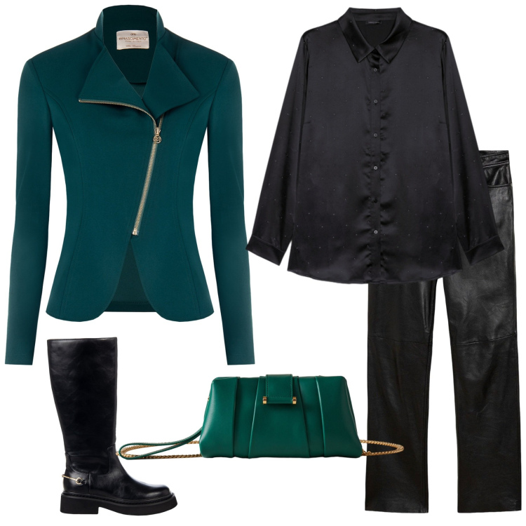 Outfit donna - Affascinante ottanio. Stile Casual chic per Serata fuori. Abbinamento con pantaloni, pochette, blazer, stivali sopra il ginocchio, camicie.