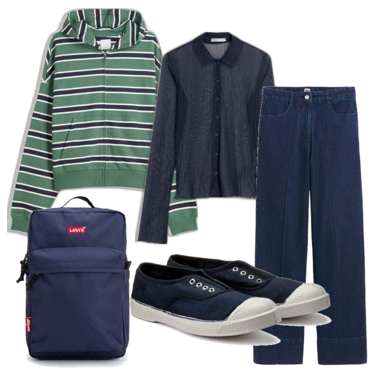 Outfit mujer - Casual #12137. Estilo Casual para Escuela/Universidad. Combinación con sneakers, vaqueros, sudaderas con capucha, camiseta, mochilas.