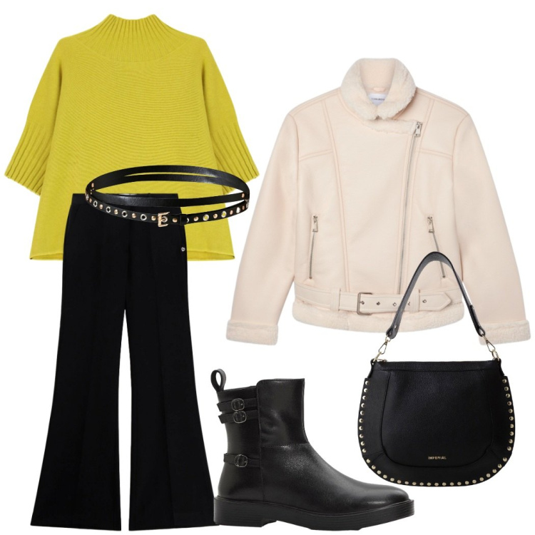 Outfit donna - Total look #2274476. Stile Casual chic per Tutti i giorni. Abbinamento con stivaletti, bomber, cinture, pantaloni, maglieria, borse a spalla.