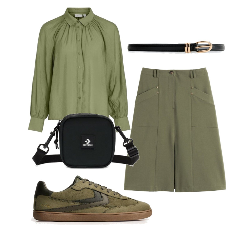 Outfit mujer - Minimal #2175. Estilo Minimal para Todos los días. Combinación con faldas largas, blusas, sneakers, cinturones, bandoleras.