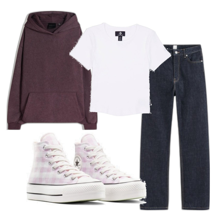 Outfit mujer - Sporty chic #3532. Estilo Sporty chic para Escuela/Universidad. Combinación con camiseta, vaqueros rectos, sneakers altas, sudaderas con capucha.
