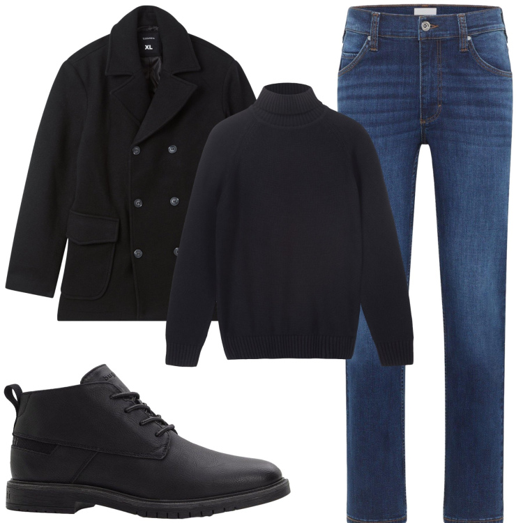 Outfit uomo - Mi porti a cena fuori?. Stile Trendy per Serata speciale. Abbinamento con jeans dritti, stivali e stivaletti, caban, pullovers.