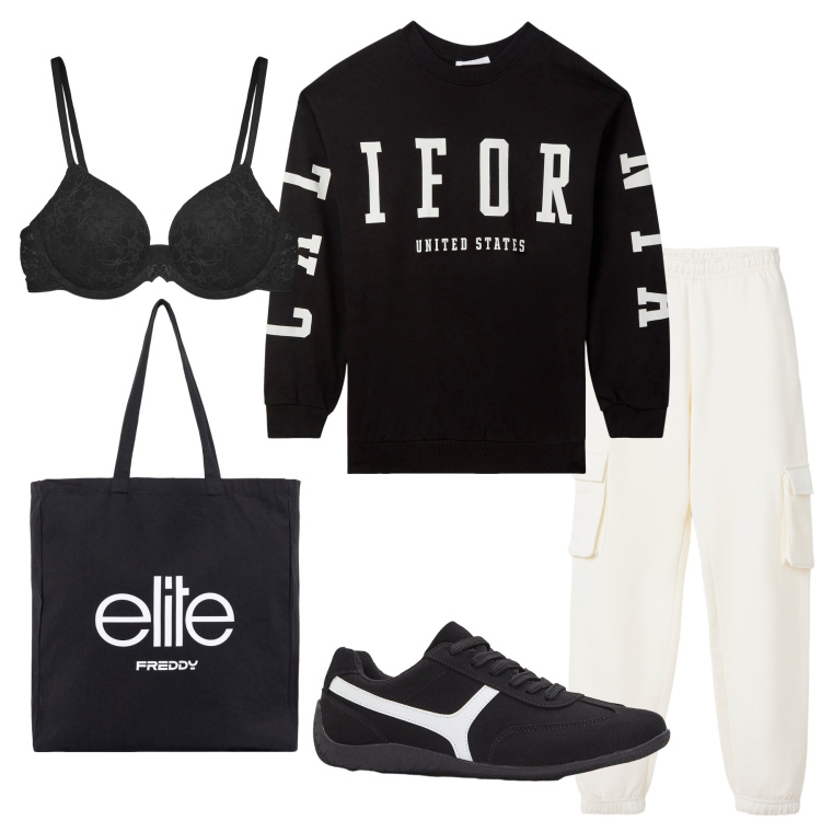Outfit donna - Black & White. Stile Basic per Tutti i giorni. Abbinamento con sneakers, felpe, reggiseni push-up, pantaloni, shopping bag.