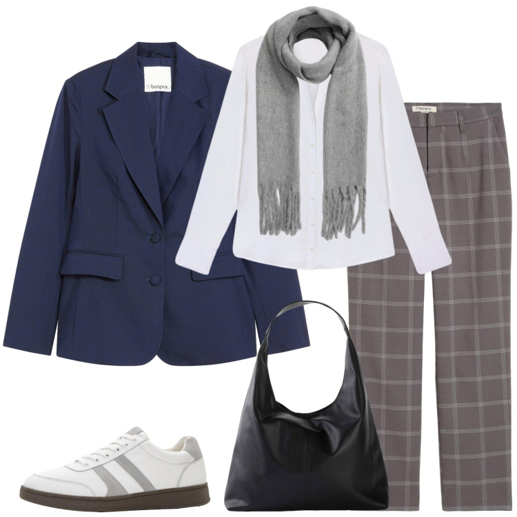 Outfit donna - Total look #2274486. Stile Casual chic per Tutti i giorni. Abbinamento con shopping bag, sneakers, pantaloni chino, blazer, camicie, sciarpe.