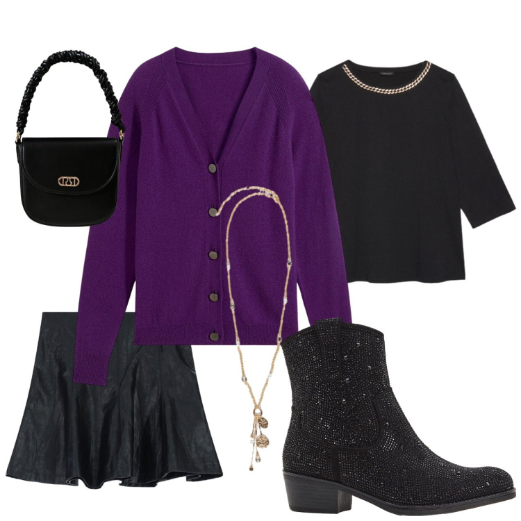 Outfit donna - Viola che passione. Stile Minimal per Ufficio. Abbinamento con cardigans, stivaletti texani, borse a mano, minigonne, bluse, ciondoli.