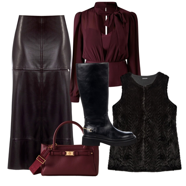 Outfit donna - Gonna lunga in ecopelle. Stile Trendy per Serata fuori. Abbinamento con gonne longuette, bluse, stivali sopra il ginocchio, borse a mano, maglieria.