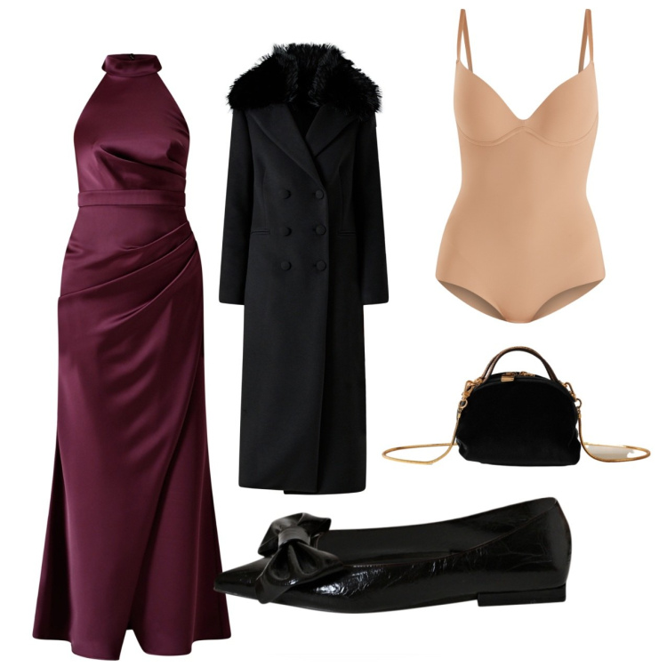 Outfit donna - Serata elegante. Stile Chic per Serata fuori. Abbinamento con body, vestiti lunghi, ballerine, cappotti, borse a mano.