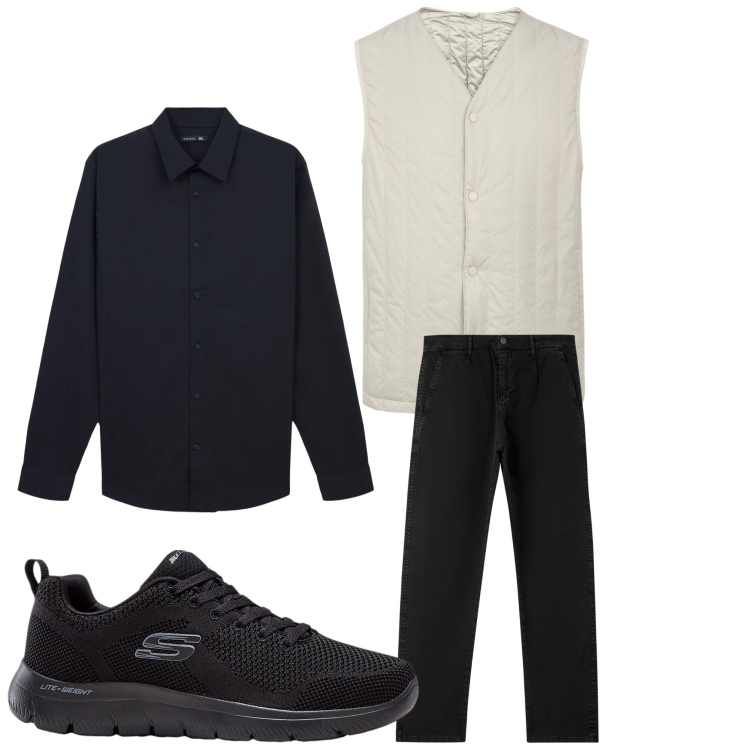 Outfit uomo - Bianco nero. Stile Business/Elegante per Ufficio. Abbinamento con sneakers, pantaloni chino, camicie, piumini.