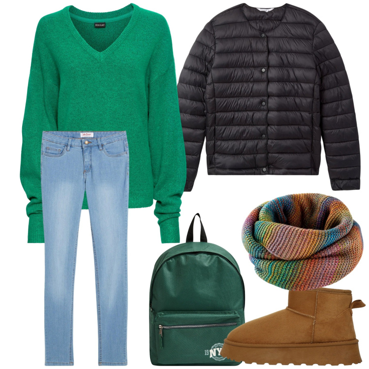 Outfit donna - Ma che freddo fa. Stile Casual per Tutti i giorni. Abbinamento con maglieria, jeans skinny, foulard, zaini, piumini, stivali.