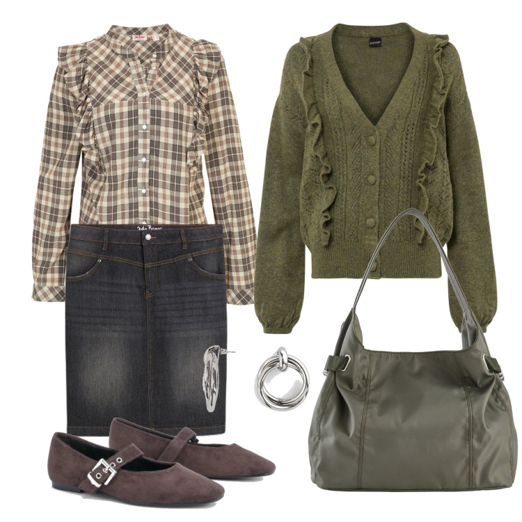 Outfit femme - Octobre. Style Casual chic pour Tous les jours. Assortir avec tuniques, sac cabas, gilets sans manche, jupes longues, boucles d'oreilles, ballerines.