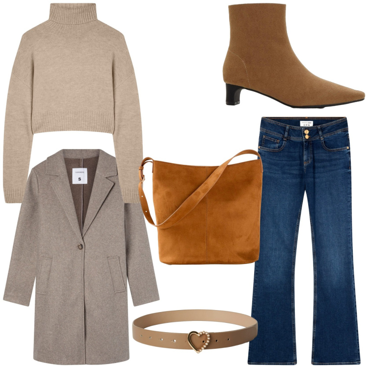 Outfit donna - Autumn outfit. Stile Casual chic per Tutti i giorni. Abbinamento con stivaletti, borse a mano, maglieria, cinture, jeans a zampa, cappotti.