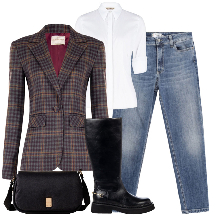 Outfit donna - City. Stile Casual chic per Tutti i giorni. Abbinamento con jeans skinny, borse a tracolla, blazer, camicie, stivali sopra il ginocchio.