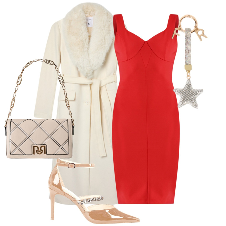 Outfit donna - Il tubino rosso. Stile Glamour per Serata fuori. Abbinamento con cappotti, vestiti a tubino, borse a tracolla, décolleté, portachiavi.