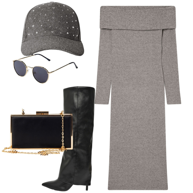 Outfit donna - Sofisticata. Stile Minimal per Serata fuori. Abbinamento con occhiali da sole, stivali, vestiti lunghi, cappelli con visiera, pochette.