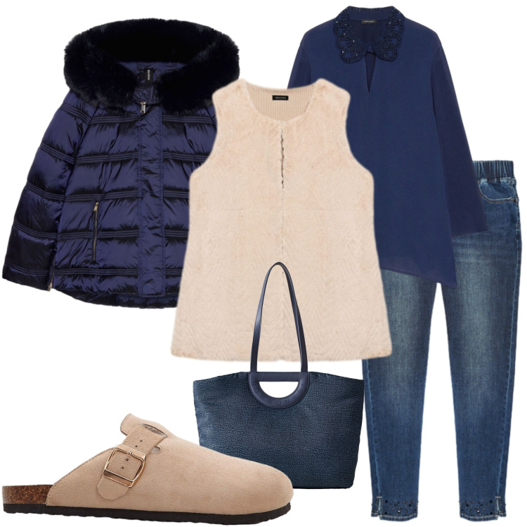 Outfit donna - Con i sabot. Stile Casual chic per Tutti i giorni. Abbinamento con pantofole, shopping bag, jeggings, maglieria, piumini, t-shirt.