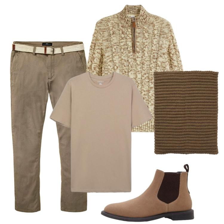 Outfit uomo - Total look #2274605. Stile Trendy per Ufficio. Abbinamento con maglieria, pantaloni chino, stivali e stivaletti, t-shirt, scaldacollo.