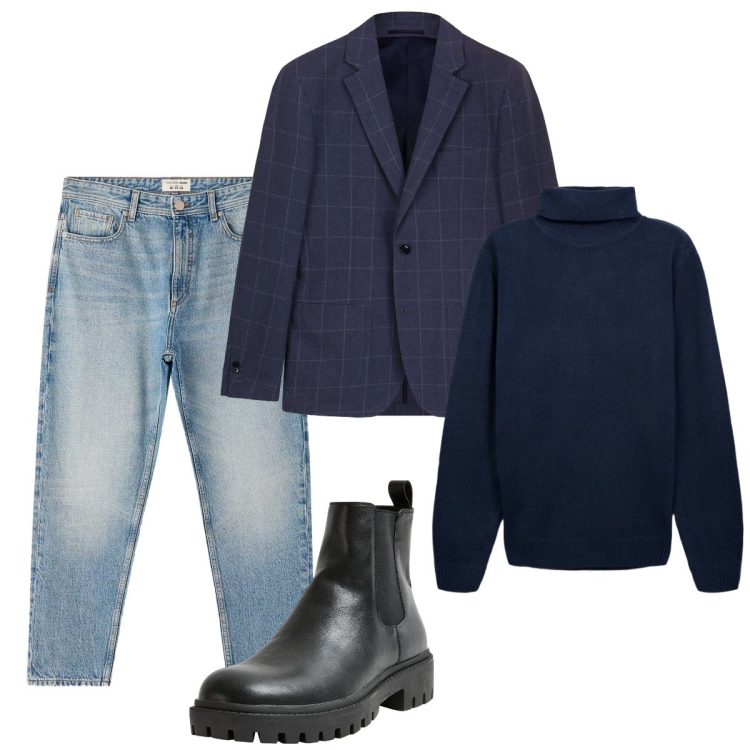 Outfit uomo - Total look #2274606. Stile Trendy per Serata speciale. Abbinamento con stivali e stivaletti, jeans dritti, maglieria, giacche.