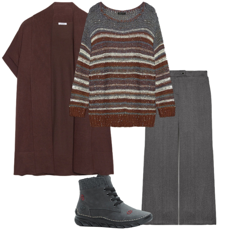 Outfit donna - By Fiorella Rubino. Stile Casual chic per Ufficio. Abbinamento con stivaletti, maglieria, cardigans, pantaloni.