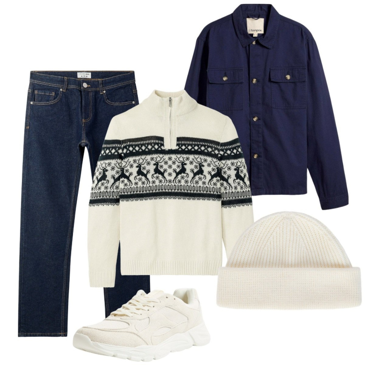 Outfit uomo - Total look #2274612. Stile Trendy per Tutti i giorni. Abbinamento con maglieria, giacche, sneakers, jeans, berretti.