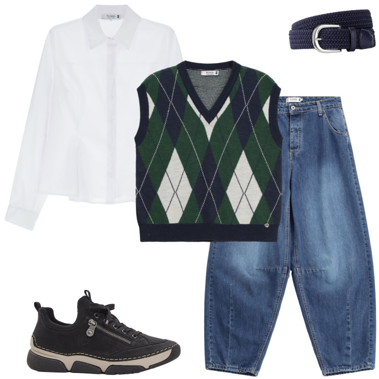 Outfit donna - Sportiva in ufficio. Stile Sporty chic per Ufficio. Abbinamento con cinture, sneakers, jeans, camicie, gilet.