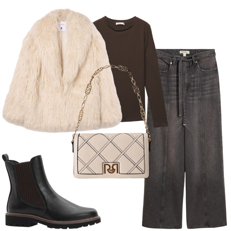 Outfit donna - Ottobre. Stile Casual chic per Tutti i giorni. Abbinamento con jeans, stivaletti chelsea, borse a tracolla, t-shirt, ecopellicce.