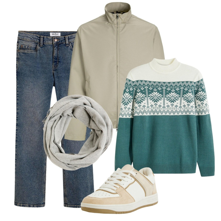 Outfit uomo - Total look #2274620. Stile Trendy per Tutti i giorni. Abbinamento con jeans bootcut, giacche, maglieria, sciarpe, sneakers.