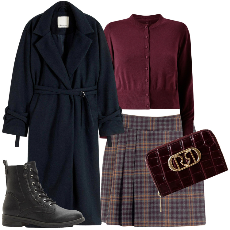 Outfit donna - City. Stile Urban per Tutti i giorni. Abbinamento con cappotti, stivaletti, portafogli, cardigans, minigonne.