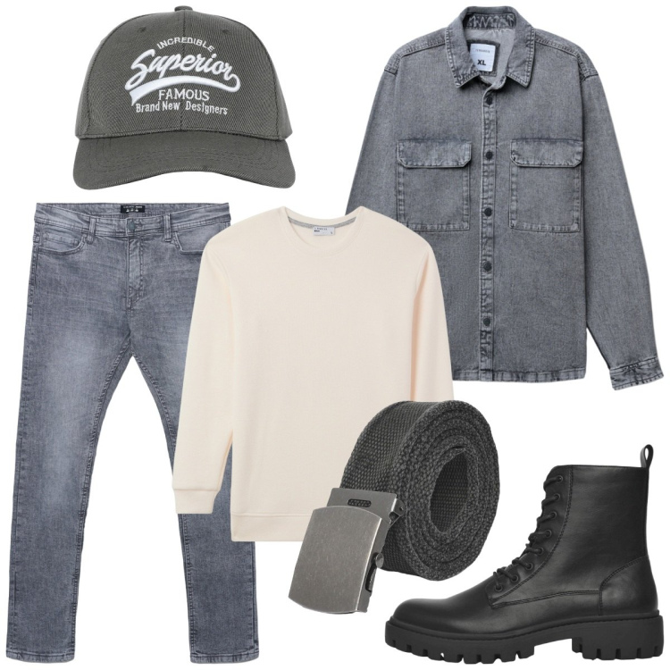 Outfit uomo - Total look #2274624. Stile Urban per Tutti i giorni. Abbinamento con maglieria, cappelli con visiera, anfibi, cinture, cappotti, jeans skinny.