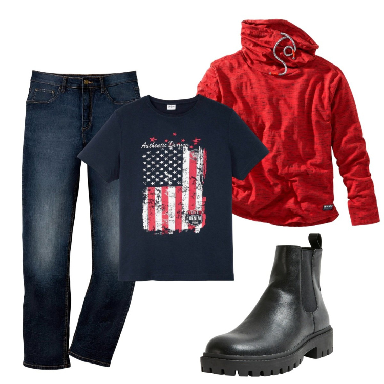 Outfit uomo - Total look #2274626. Stile Urban per Tutti i giorni. Abbinamento con jeans dritti, t-shirt, maglieria, stivali e stivaletti.