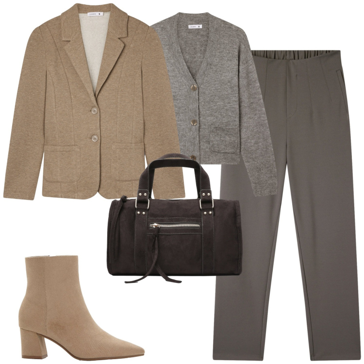 Outfit donna - Ottobre. Stile Urban per Tutti i giorni. Abbinamento con stivaletti, borse a mano, cardigans, blazer, pantaloni chino.