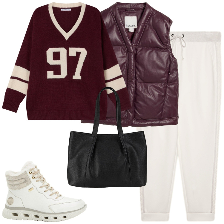 Outfit donna - Total look #2274636. Stile Casual per Tutti i giorni. Abbinamento con piumini, shopping bag, stivaletti, t-shirt sportive, pantaloni.