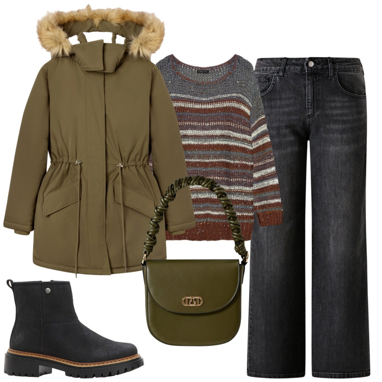 Outfit donna - Total look #2274640. Stile Casual per Tutti i giorni. Abbinamento con stivaletti, parka, borse a mano, jeans dritti, maglieria.