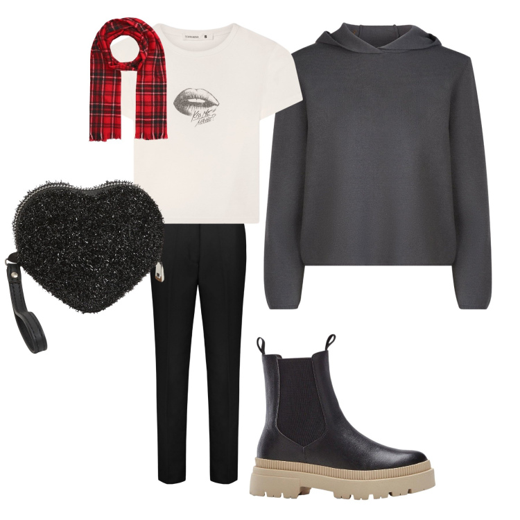 Outfit donna - WE in città. Stile Casual per Scuola/Università. Abbinamento con stivaletti chelsea, portafogli, t-shirt, sciarpe, maglieria, pantaloni chino.