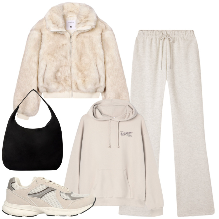 Outfit donna - Ottobre. Stile Casual per Tutti i giorni. Abbinamento con pantaloni, sneakers, ecopellicce, borse a mano, felpe con cappuccio.