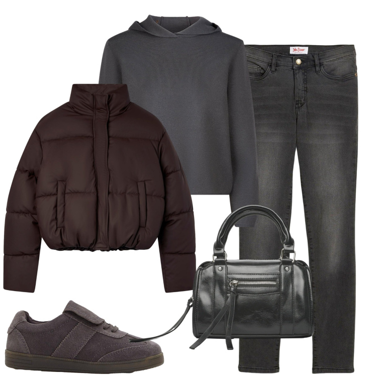Outfit donna - City. Stile Casual per Tutti i giorni. Abbinamento con jeans slim fit, sneakers, borse a mano, bomber, maglieria.